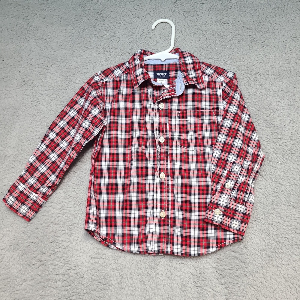 Carter's Toddler Boys Red Plaid Button Down Shirt Long Sleeve Size 2T
